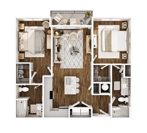Floor plan for 2 beds, 2 baths, 1001 sqft